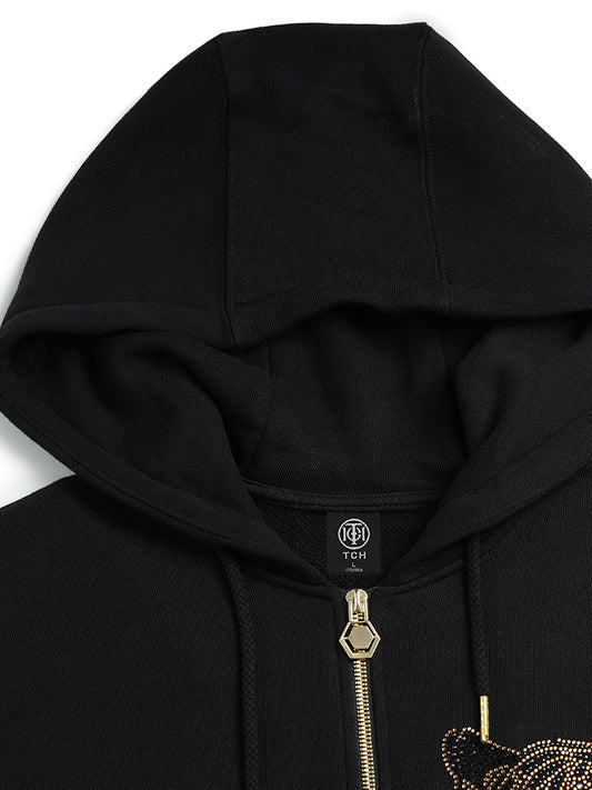 Rhinestone Leopard Long Sleeve Hoodie Jacket