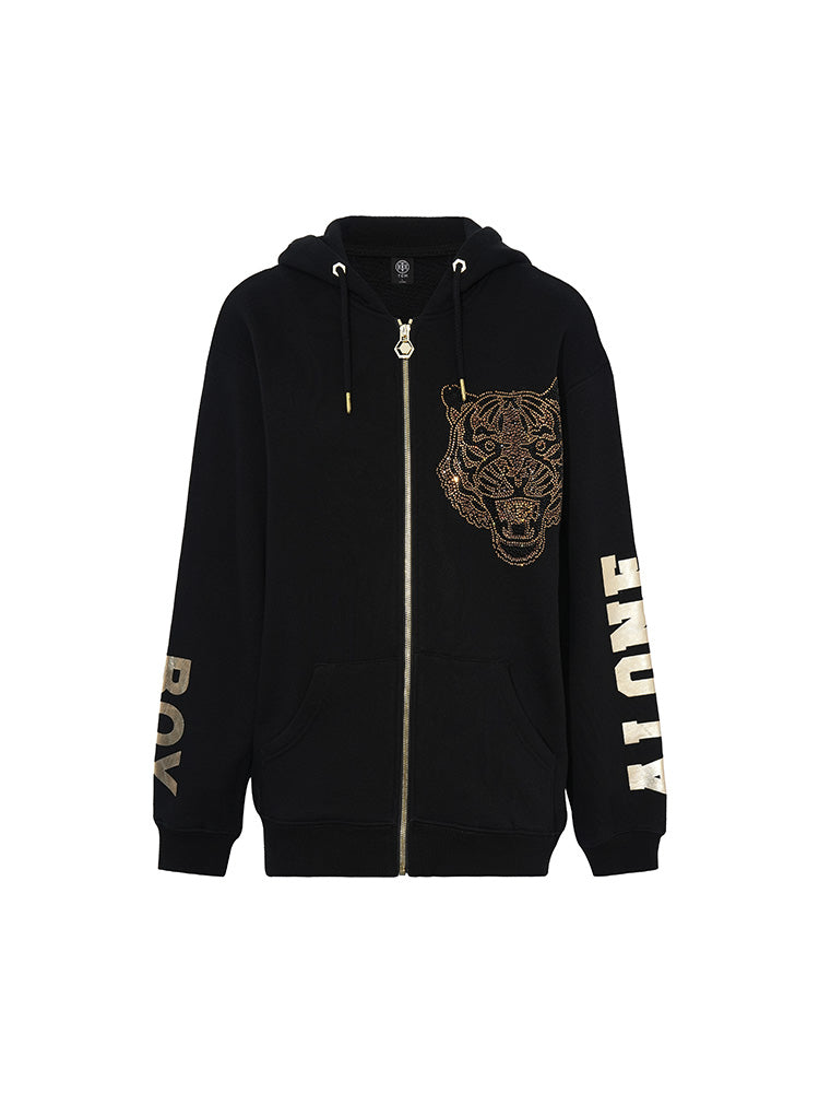 Rhinestone Leopard Long Sleeve Hoodie Jacket