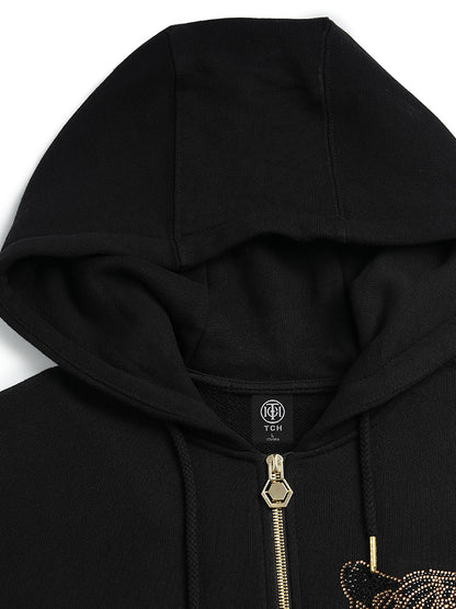 Rhinestone Leopard Long Sleeve Hoodie Jacket